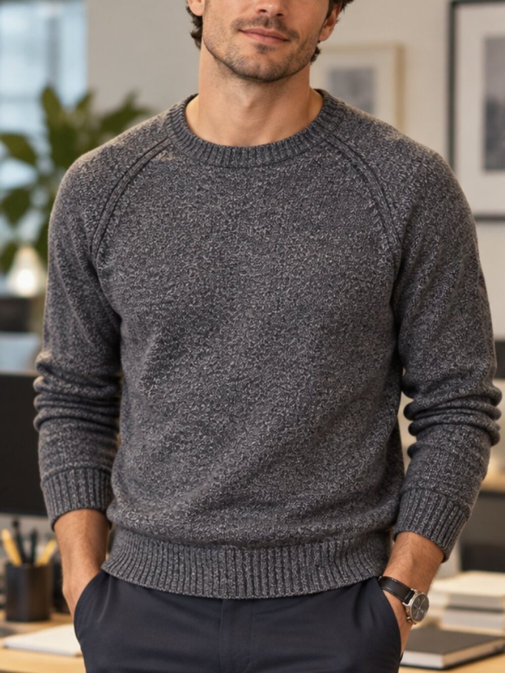 ZARA Men’s Marled Knit Raglan Sweater Blue Grey Size XL Heavyweight Crewneck